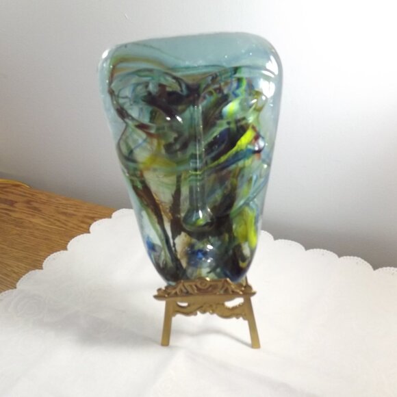 Vintage Art Glass Face Jaramillo Brothers Skydreamer Style Art with Brass Stand - Picture 4 of 10